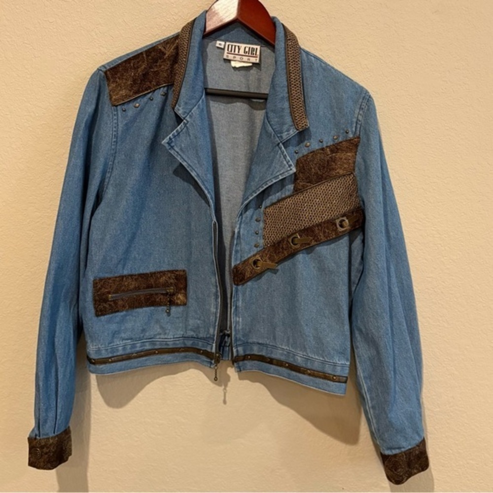 90s City Girl Sport Denim Jacket Western Studded‎ Faux Leather Trim Women's 6